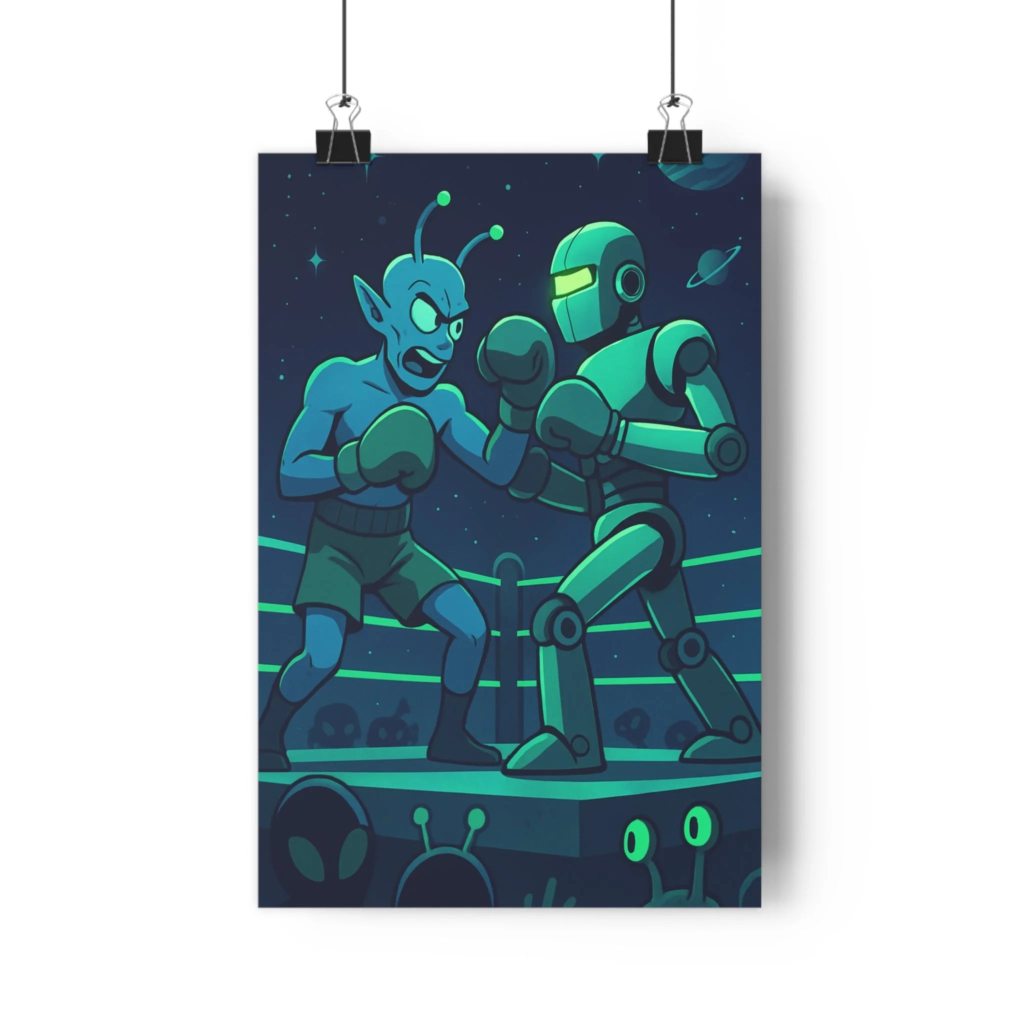 Poster décoratif futuriste cartoon bleu vert boxe extraterrestre robot sciencefiction espace chambre aventure qualité