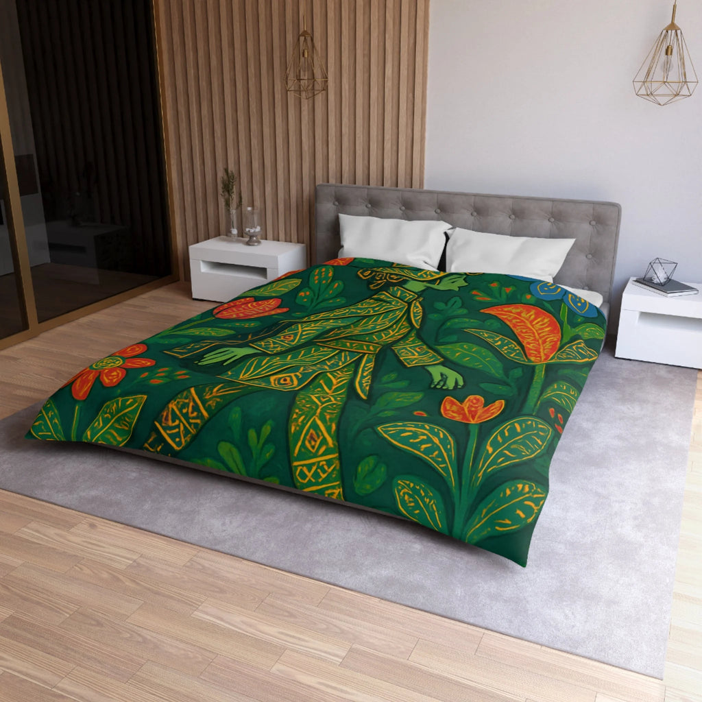 Housse de couette vibrante avec motif botanique et personnage en marche serein