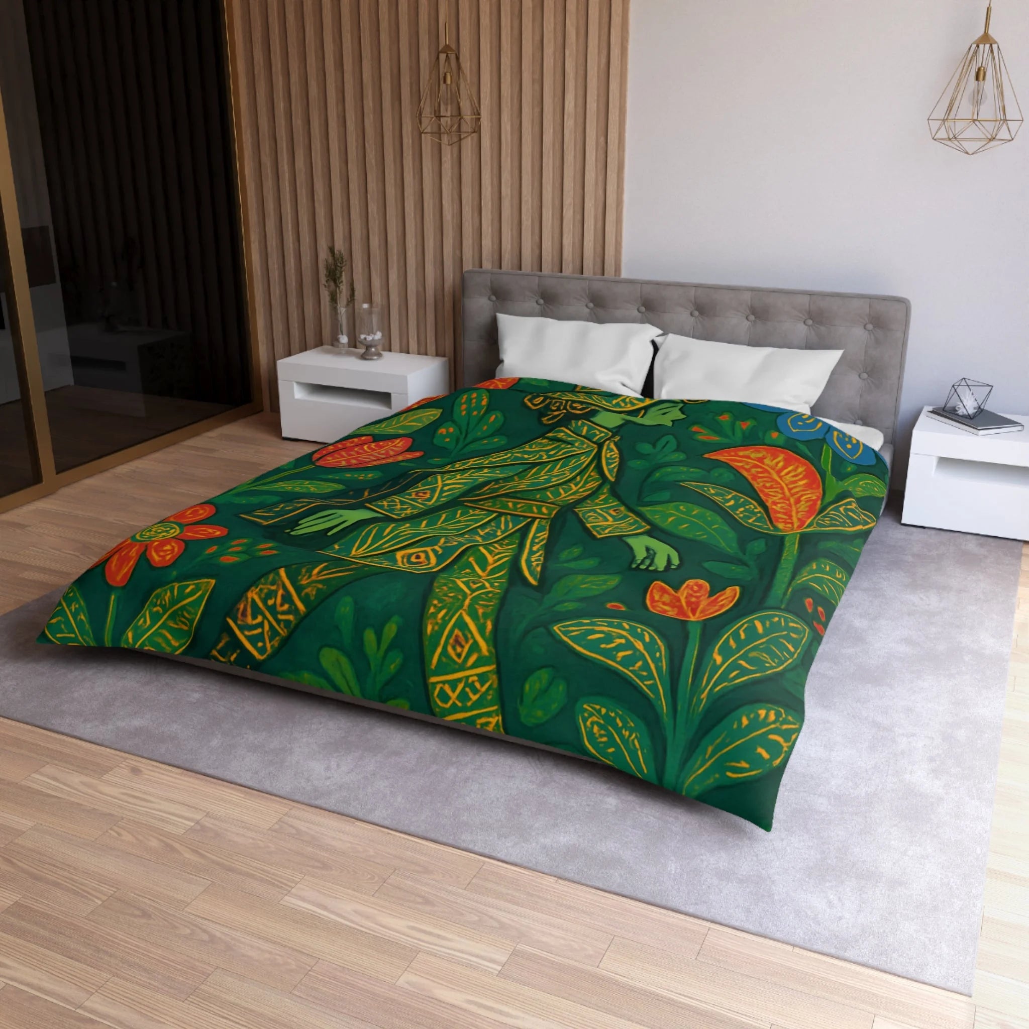 Housse de couette vibrante avec motif botanique et personnage en marche serein