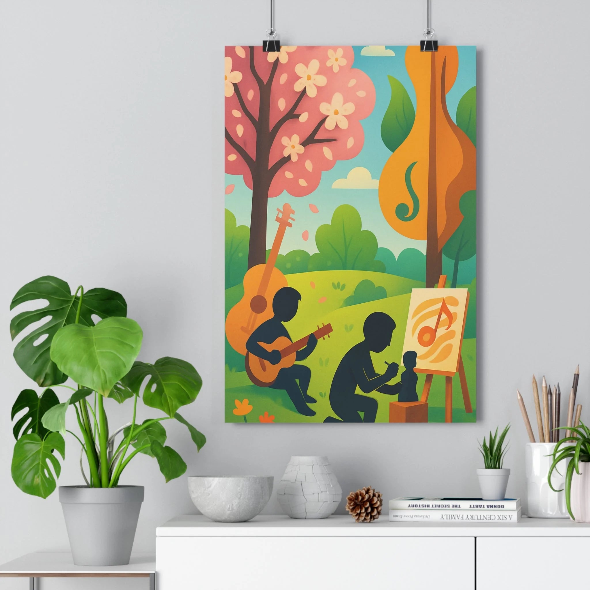 Poster décoratif artistique coloré vert bleu moderne salon ambiance paisible guitare arbre nuages scène