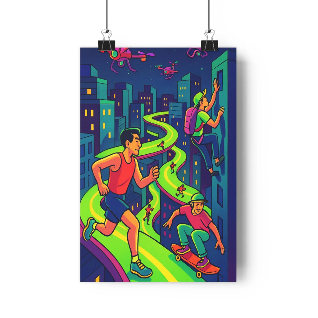 Poster sportif nuit urbaine course escalade skate ombres douces contours nets lumières colorées ambiance festive chemise rouge short bleu casquette