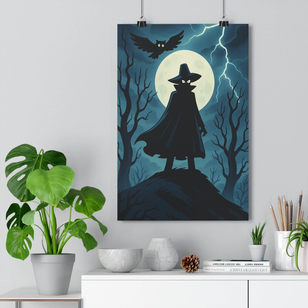 Poster décoratif noir blanc dessin animé gothique mystique silhouette hibou lune arbres chambre salon