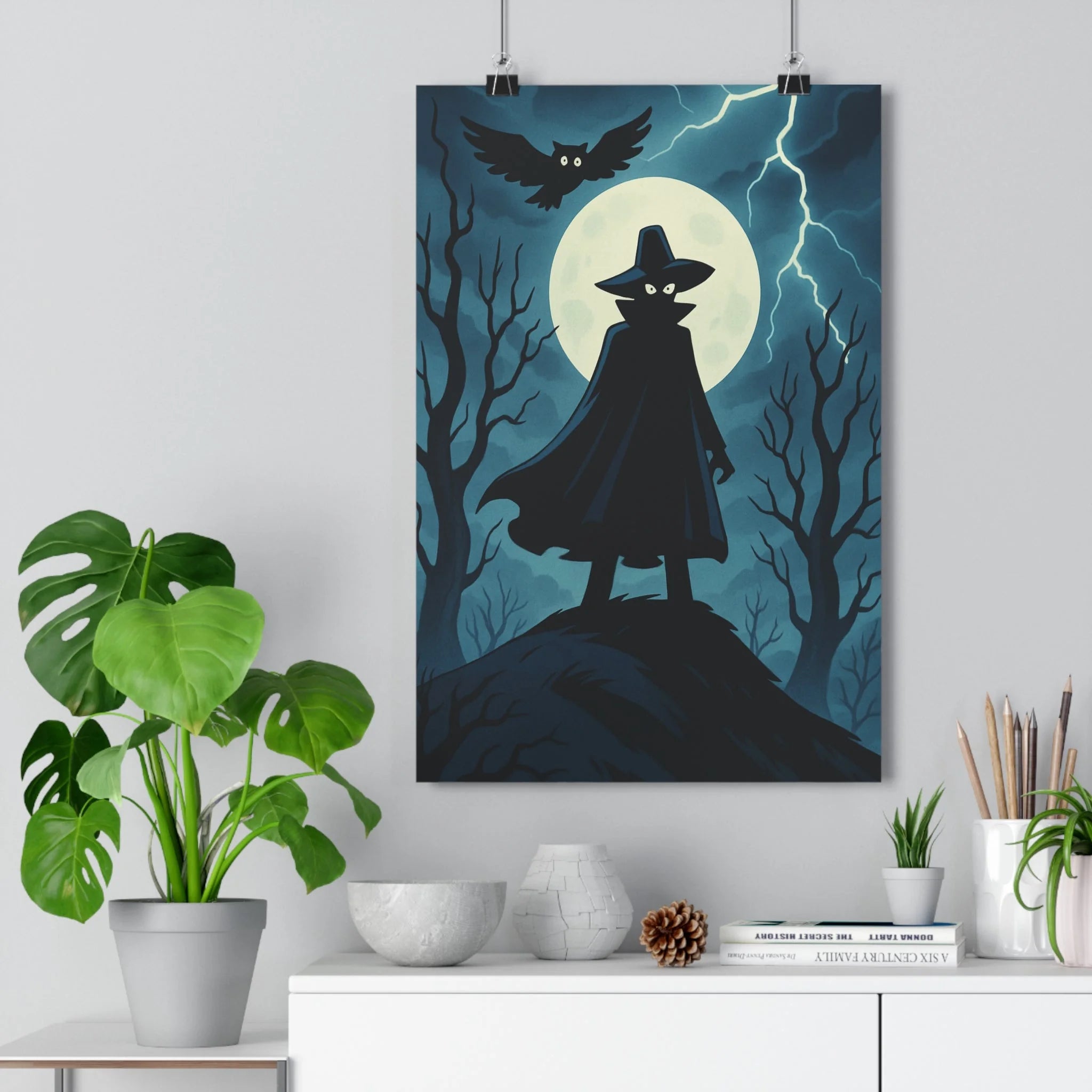 Poster décoratif noir blanc dessin animé gothique mystique silhouette hibou lune arbres chambre salon
