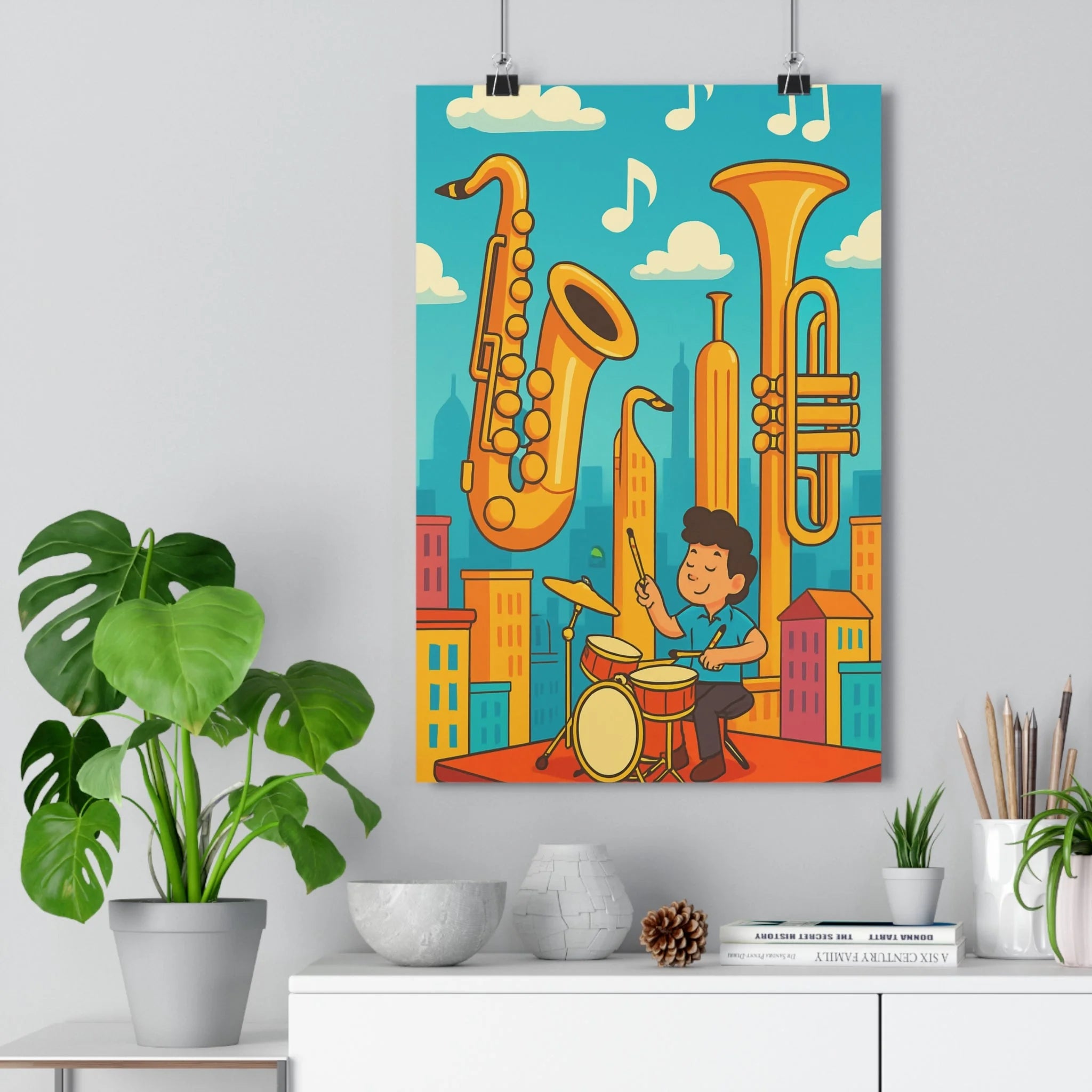 Poster décoratif jazz futuriste bleu jaune cartoon salon ambiance dynamique musique moderne instruments qualité
