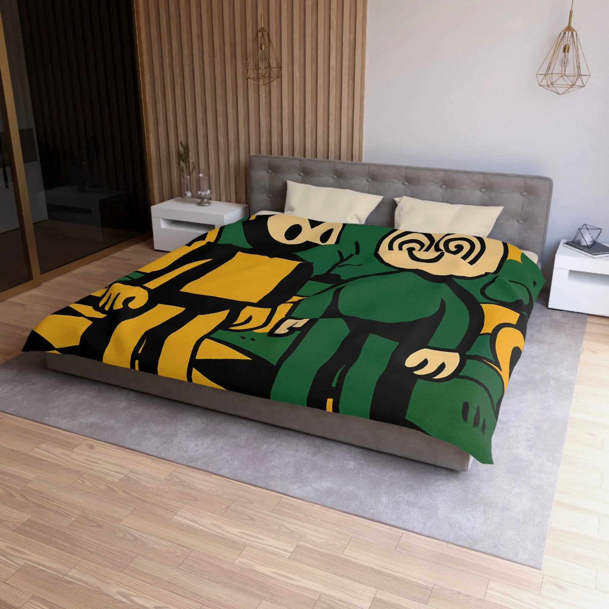 Housse de couette style pop-art cartoon avec personnages et paysage graphique original