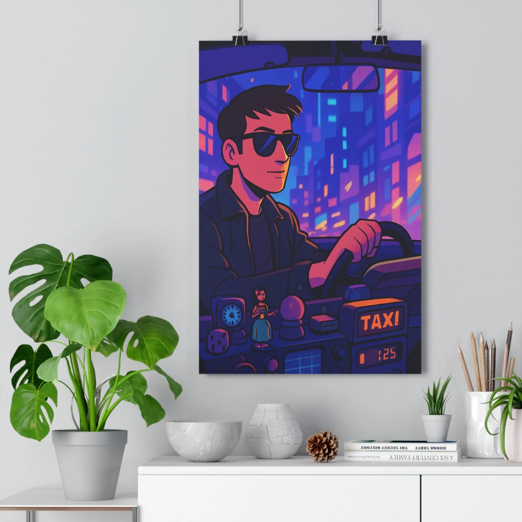 Poster décoratif rétrofuturiste bleu violet orange salon chambre cartoon mystique vibrant unique coloré taxi