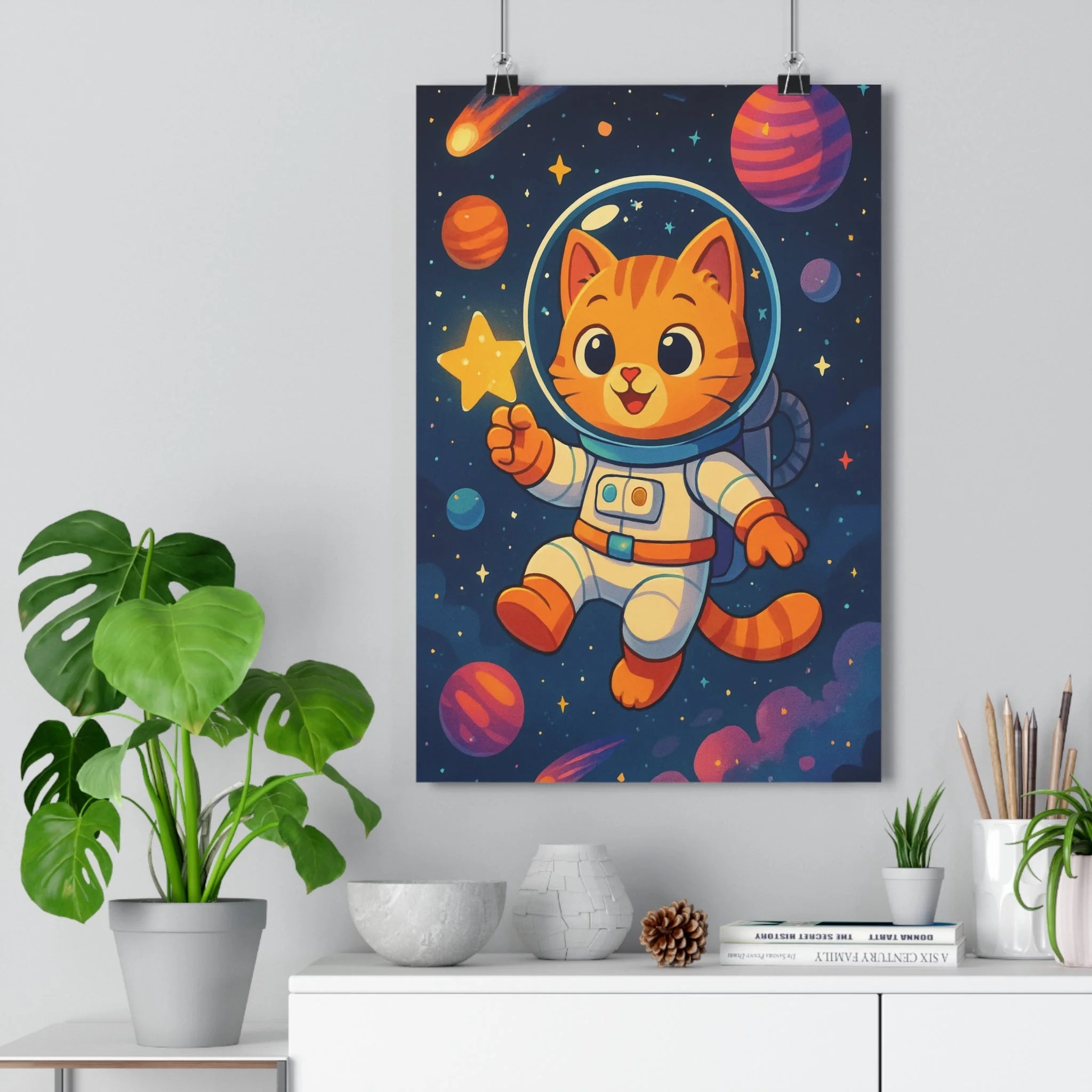 Poster décoratif moderne chaton espace bleu orange enfant aventure chambre ludique design amusant tendance