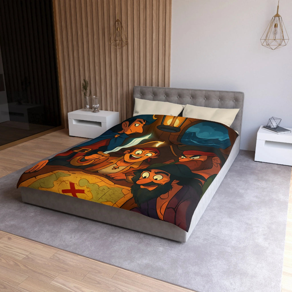 Housse de Couette Pirate Cartoon avec Carte Trésor et Équipage Sous Lampe