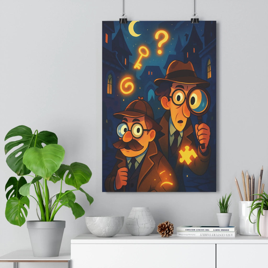 Poster enquêteurs mystère symbols lumière moustache chapeau lunettes casquette loupe buildings nuit lune cartoon intrigue intéressant chambre salon bureau