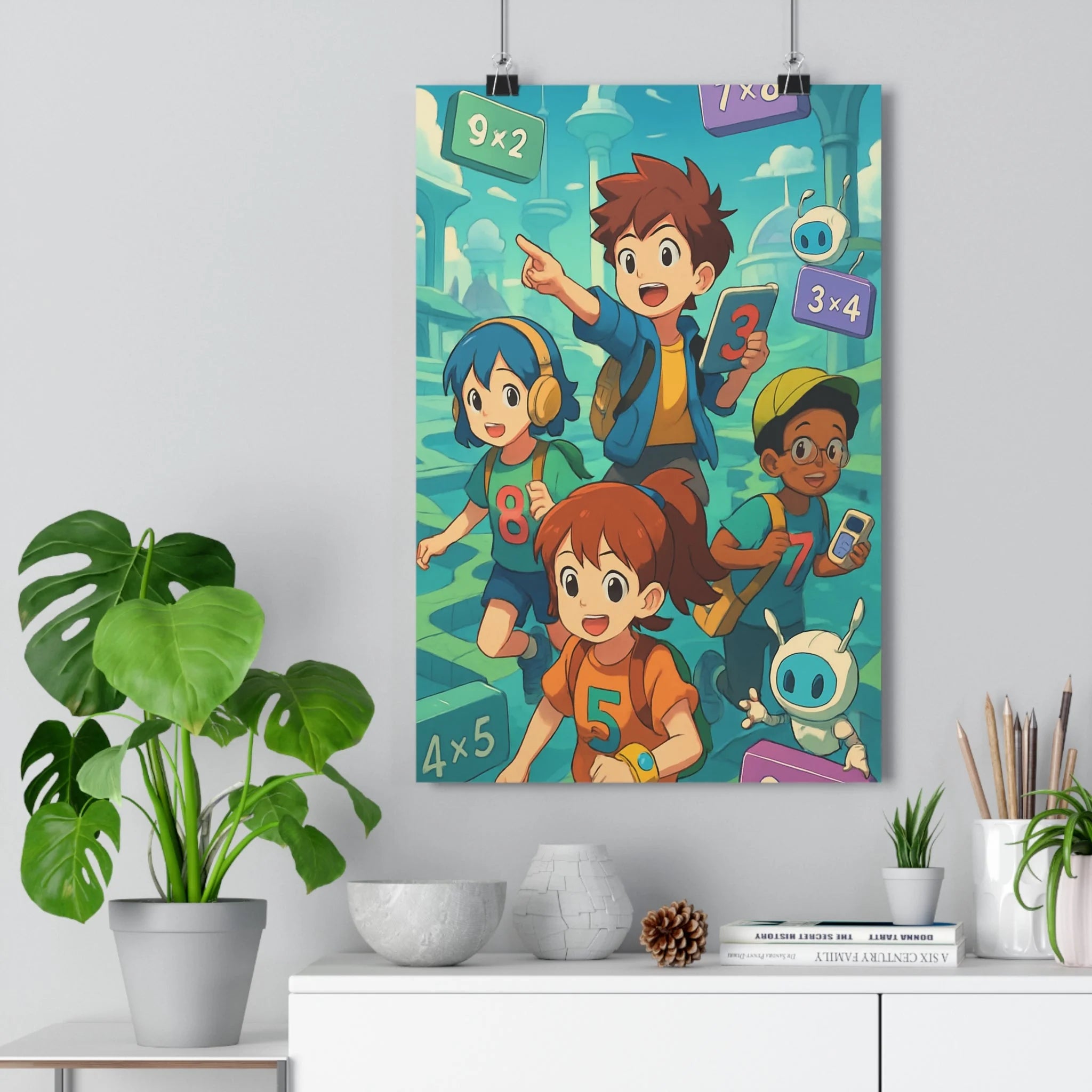 Poster décoratif coloré moderne aventure futuriste enfant chambre ludique éducatif cube robotique multiplication vibrant
