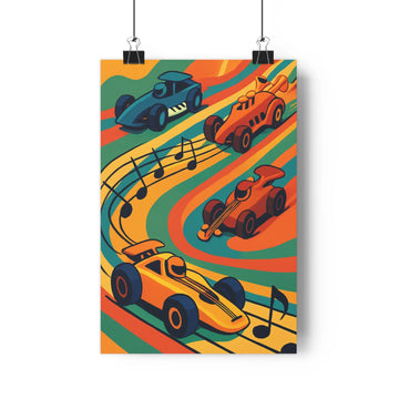 Poster voitures course bleu orange jaune lignes ondulées notes musique fond multicolore popart simple formes vives couleurs énergique créative salon