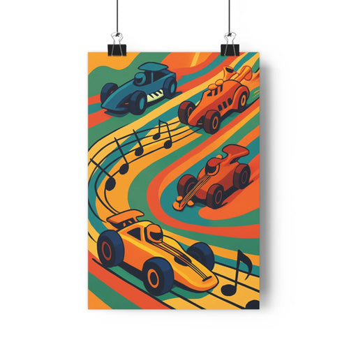 Poster voitures course bleu orange jaune lignes ondulées notes musique fond multicolore popart simple formes vives couleurs énergique créative salon