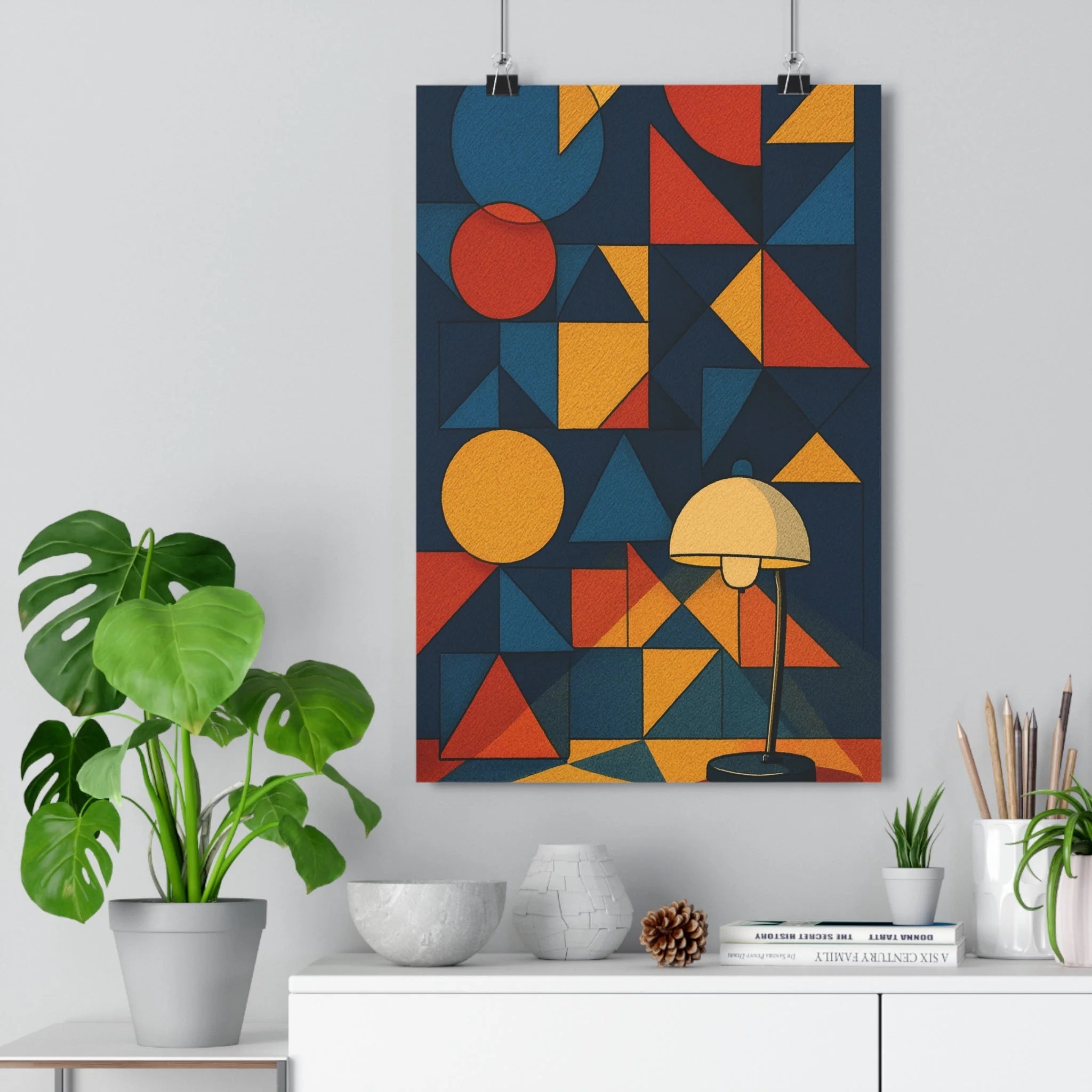 Poster décoratif moderne art géométrique anime bleu jaune rouge salon chambre dynamique vibrant qualité