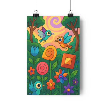 Poster paysage oiseaux arc-en-ciel arbres fleurs colorées nuages pastel ambiance joyeuse cartoon simple enfantine fantastique vibrant vivant