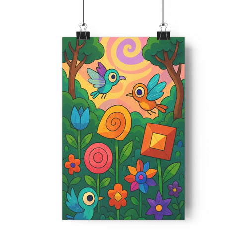 Poster paysage oiseaux arc-en-ciel arbres fleurs colorées nuages pastel ambiance joyeuse cartoon simple enfantine fantastique vibrant vivant