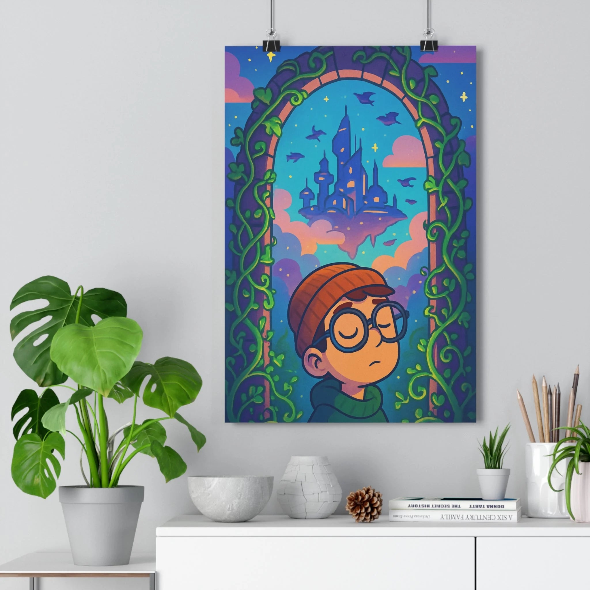 Poster décoratif cartoon bleu vert rêve magique enfant château flottant nuages oiseaux chambre ambiance