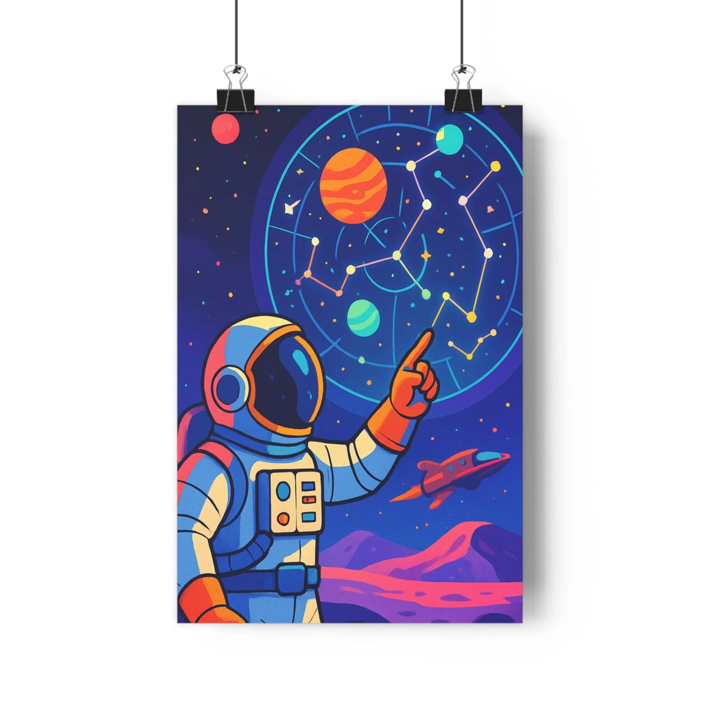 Poster astronaute espace constellations planètes couleur bleue orange fusée moderne graphique détaillé exploratoire chambre salon