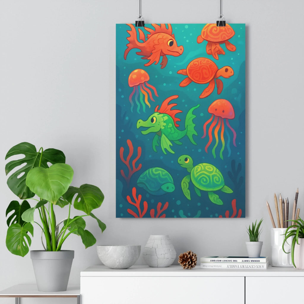 Poster décoratif coloré cartoon joyeux océan marin créatures chambre enfant bleu rouge corail vibrant