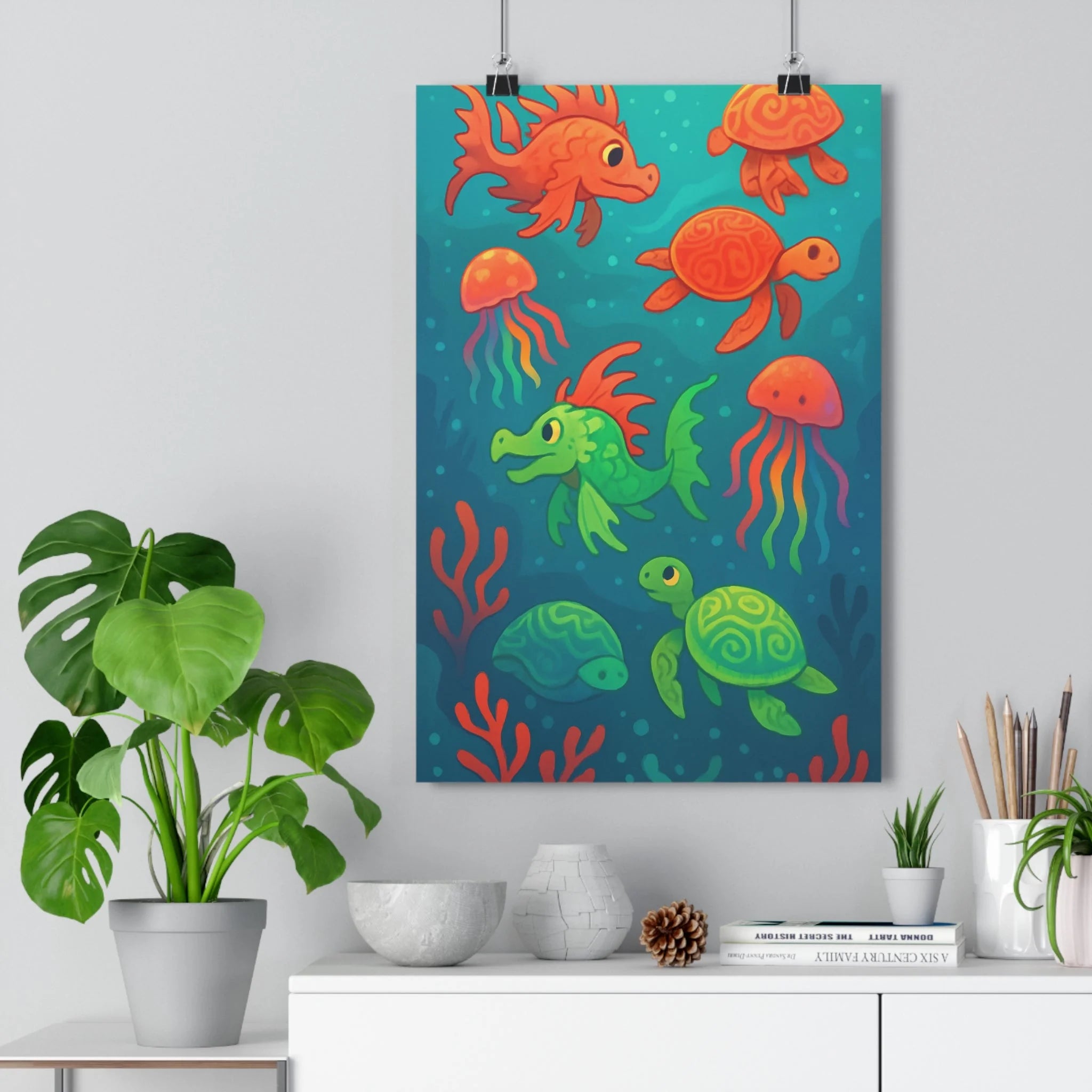 Poster décoratif coloré cartoon joyeux océan marin créatures chambre enfant bleu rouge corail vibrant