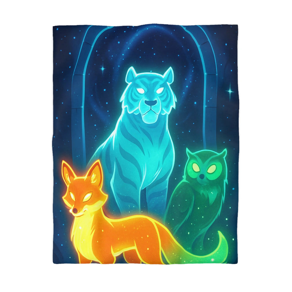 Mystérieuse housse de couette avec renard orange, tigre bleu, et hibou lumineux