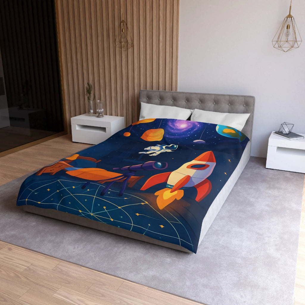 Housse de Couette Spatiale Enfant avec Astronaute Fusée et Planètes Colorées