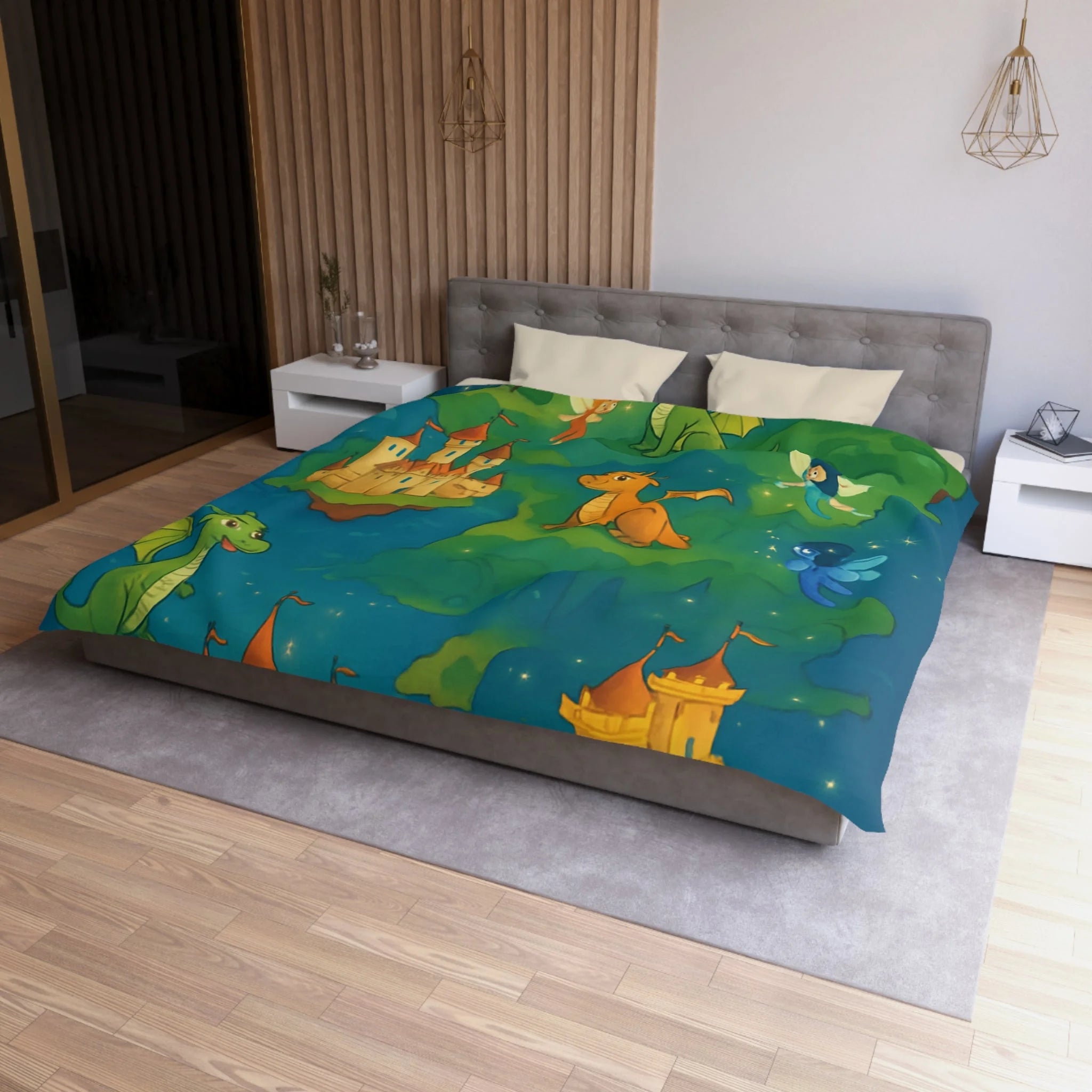 Housse de couette thématique féerique avec dragons, châteaux et un sorcier rêveur