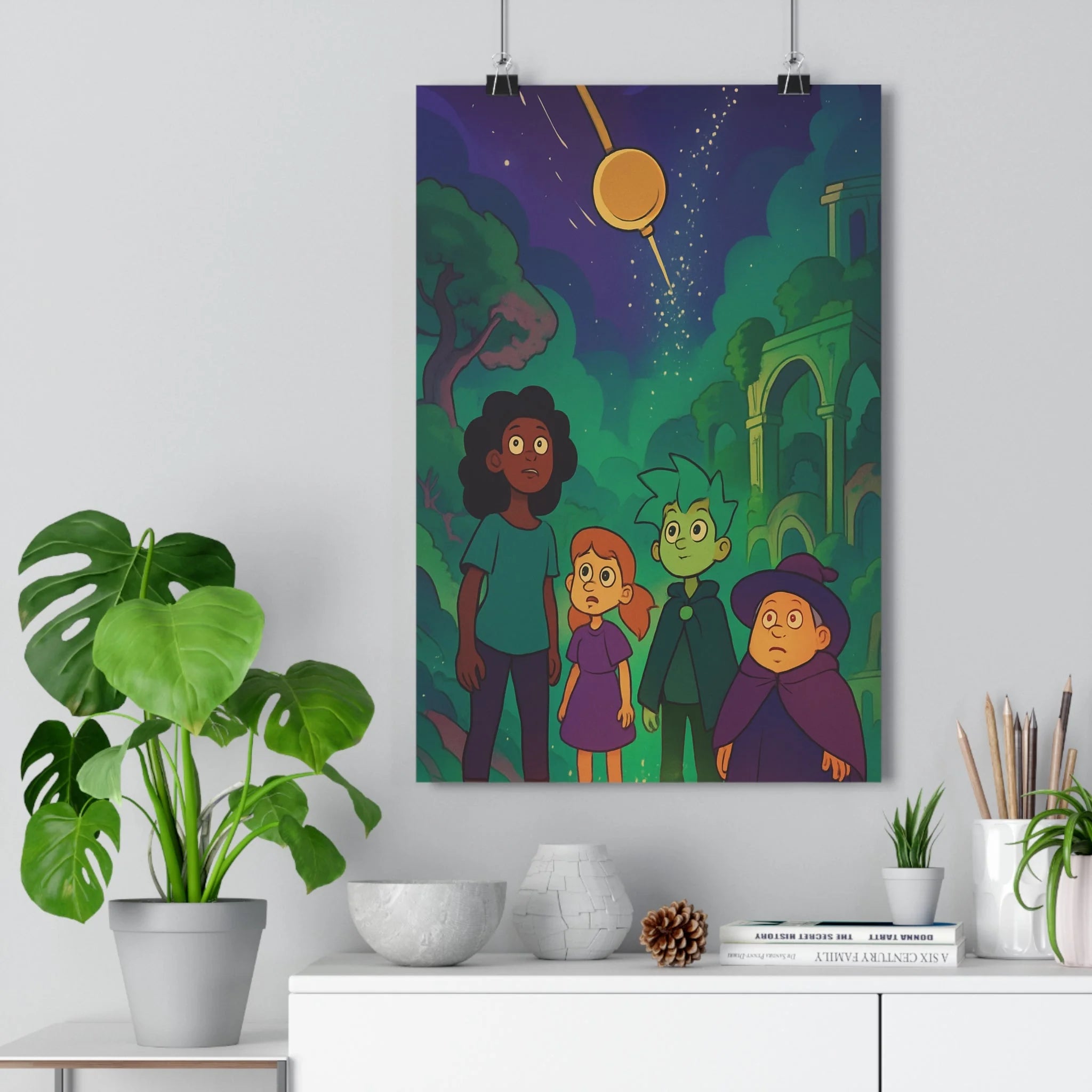 Poster décoratif fantastique vert bleu mystique chambre salon aventurier personnages nocturne magique enchanteur qualité