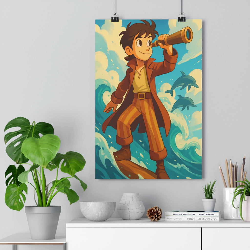 Poster aventure marine explorateur dauphins nuages vagues cartoon ombres douces couleurs pastel ambiance légère chambre bureau