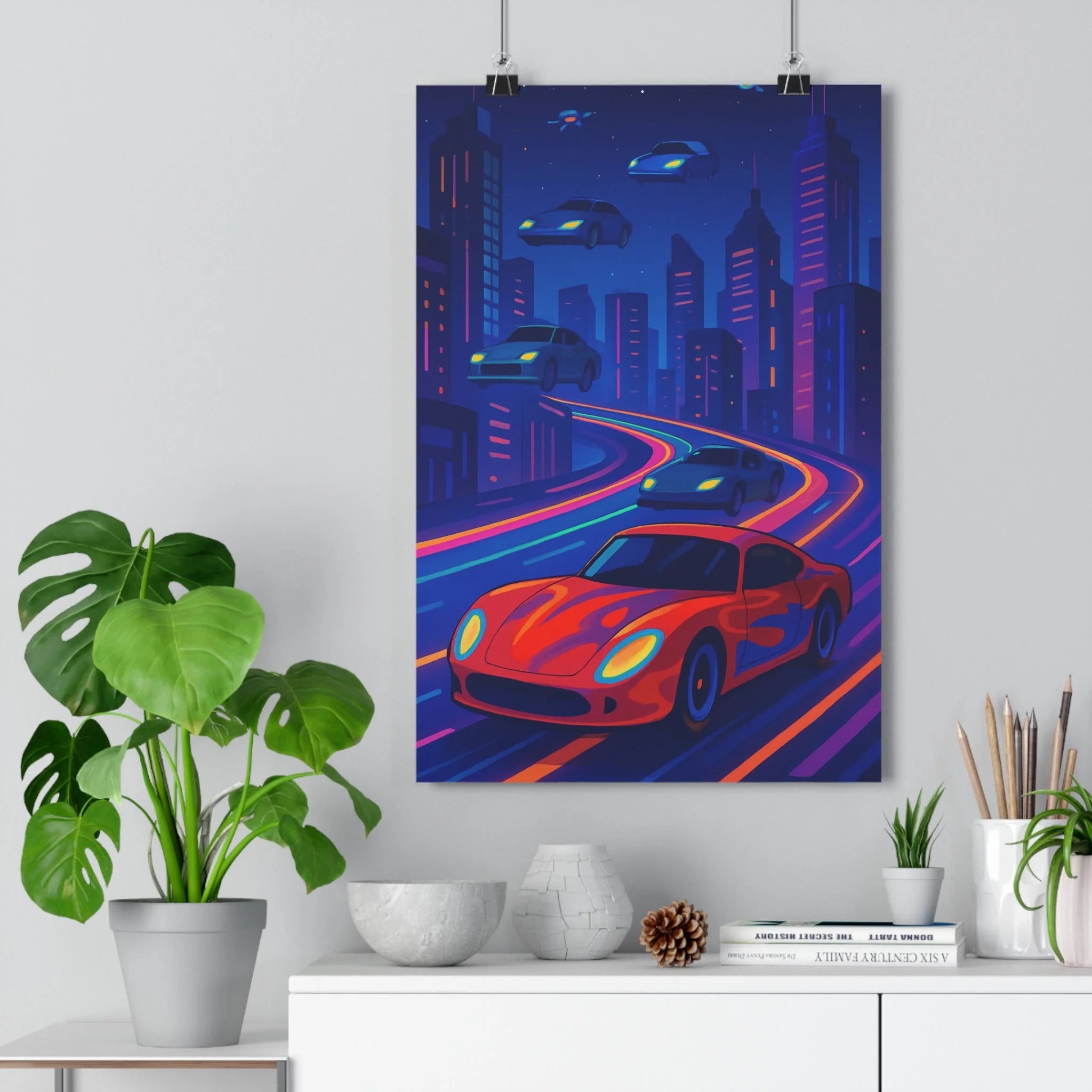 Poster décoratif futuriste néon bleu violet rouge urbain dynamique moderne salon chambre bureau intérieur