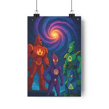 Poster décoratif cartoon héros aventure violet jaune galaxie fantastique chambre salon enfant tendance moderne
