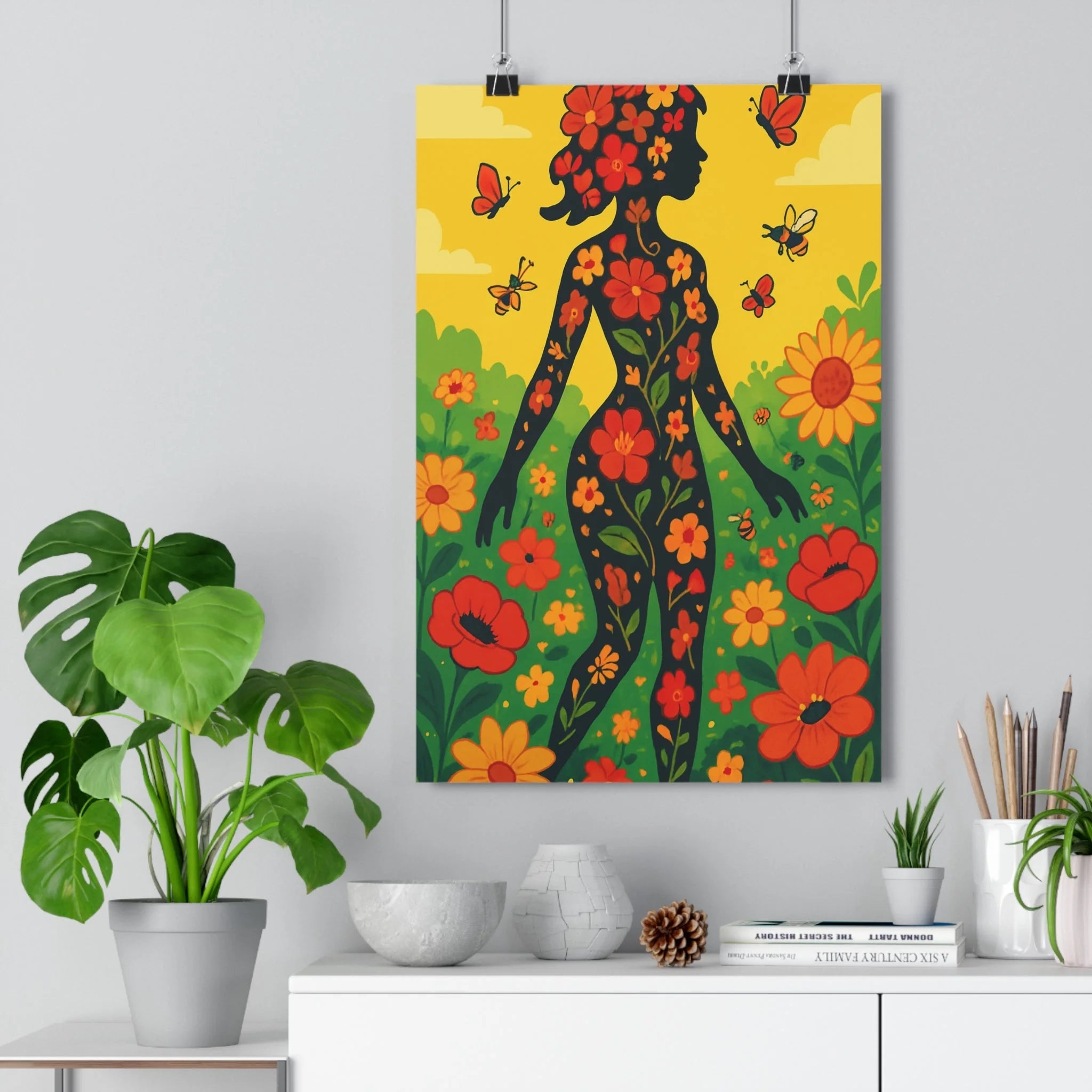 Poster décoratif fantaisie botanique floral jaune rouge vert joyeux salon chambre moderne charme artistique