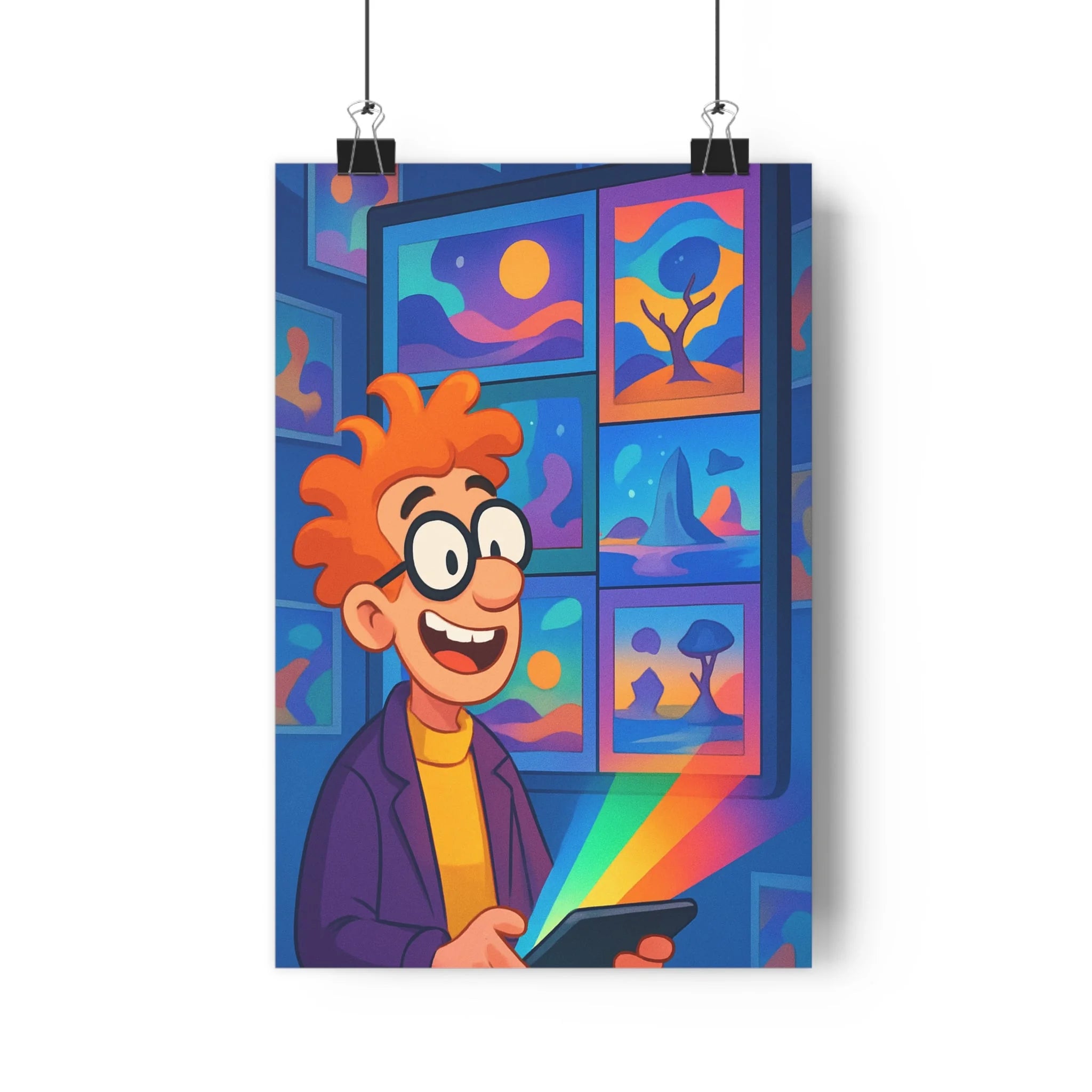 Poster décoratif cartoon lumineux bleu violet jaune joyeux bureau chambre hightech dynamique futuriste qualité