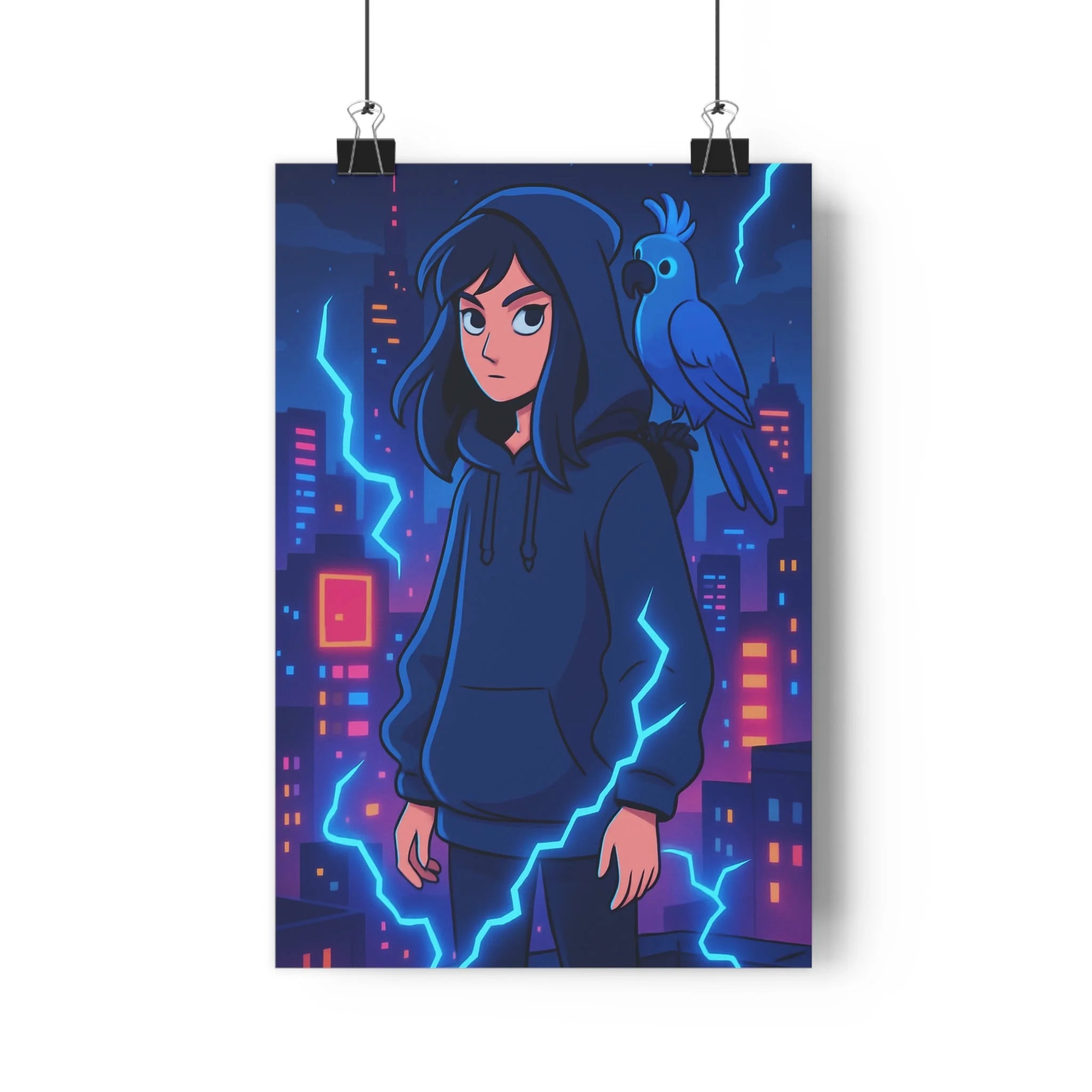 Poster décoratif cartoon bleu intense dramatique moderne chambre salon jeune femme éclair urbain créatif