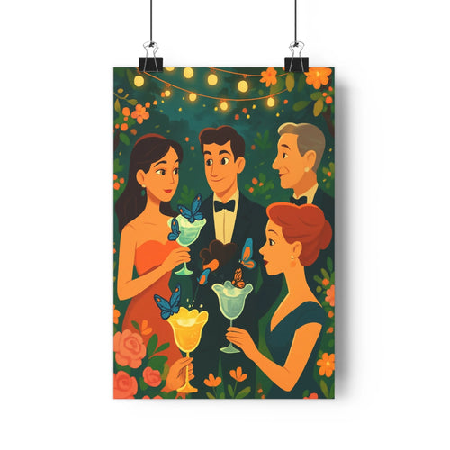 Poster personnages élégants costumes formels cadre floral guirlandes lumineuses ambiance festive coloré détaillé touches nature magie verte orangée rouge salon