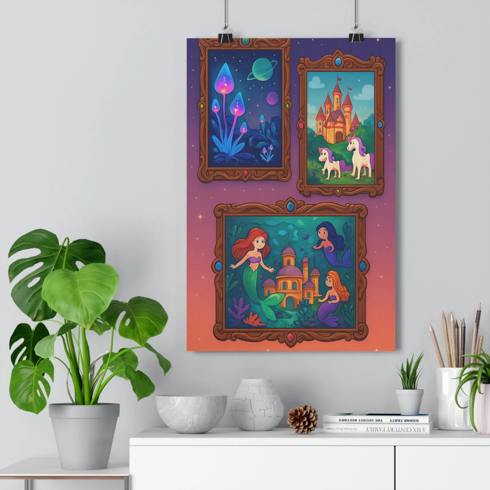 Poster décoratif fantaisie magique bleu violet vert mystique féérique chambre salon enfant enchanteur lumineux