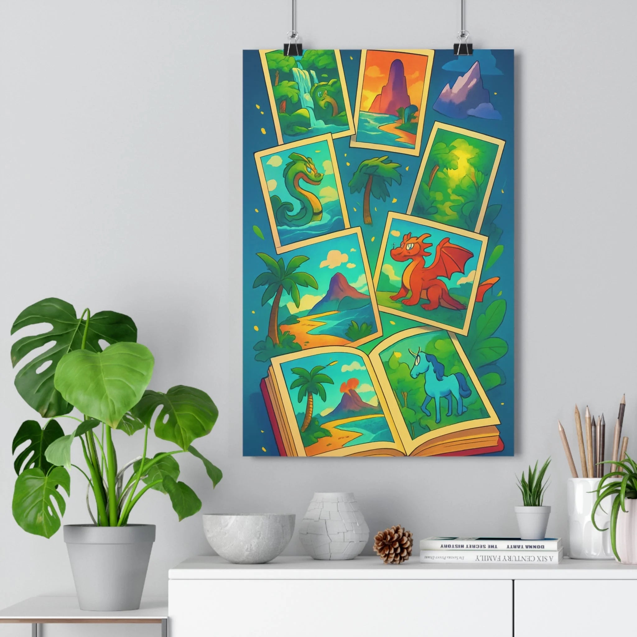 Poster décoratif aventure mystique coloré enfant vibrant exploration fantastique chambre magique cascade créature dynamique