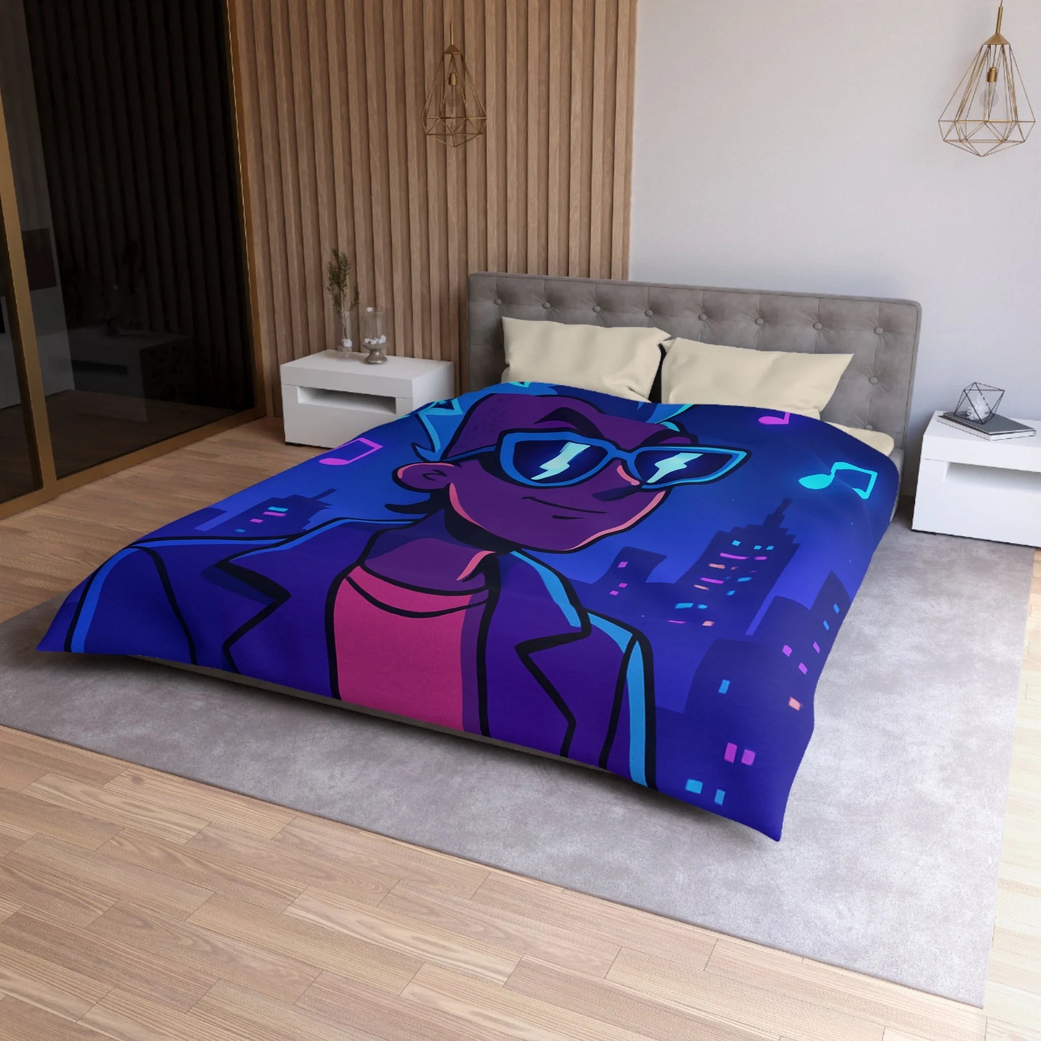 Housse de Couette Personnalisée avec Art de Ville Nocturne et Musicien Stylé Électrique