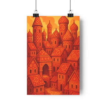 Poster vintage cité médiévale toits pointus motifs géométriques crépuscule soleil rouge jaune ombres nettes minimalistes calme mystérieuse salon chambre