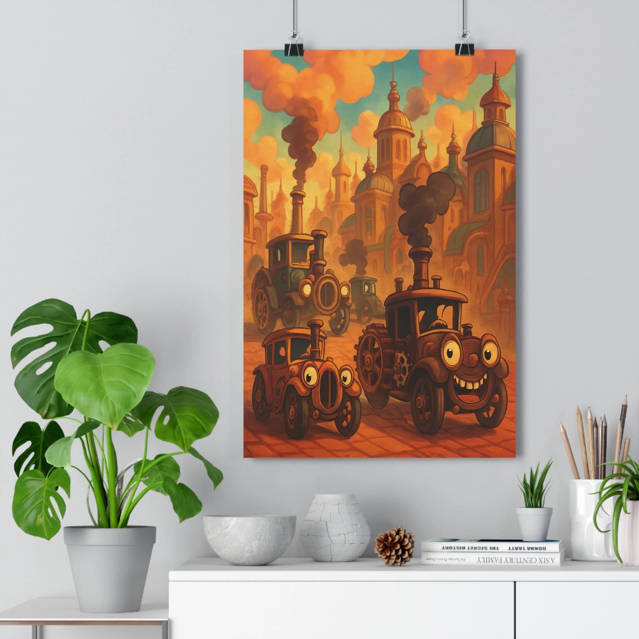Poster décoratif cartoon steampunk orange brun rétro chaleureux salon chambre enfant unique fascinant éblouissant