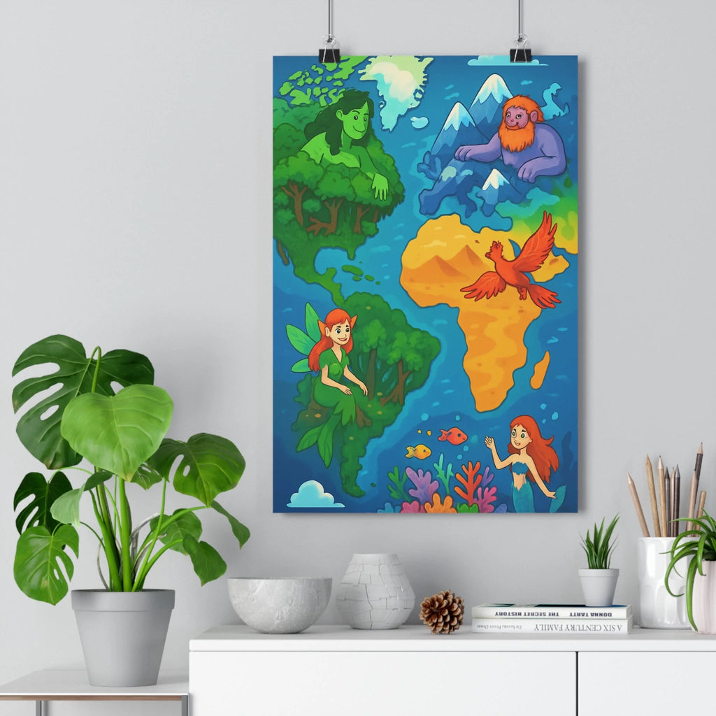 Poster décoratif artistique carte monde fantastique créatures vert rouge bleu ambiance magique chambre enfants