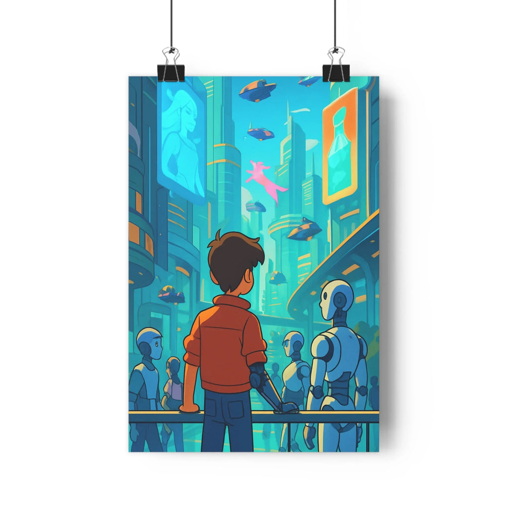 Poster décoratif futuriste bleu orange urbain salon bureau anime cyberpunk dynamique lumière moderne vibrant