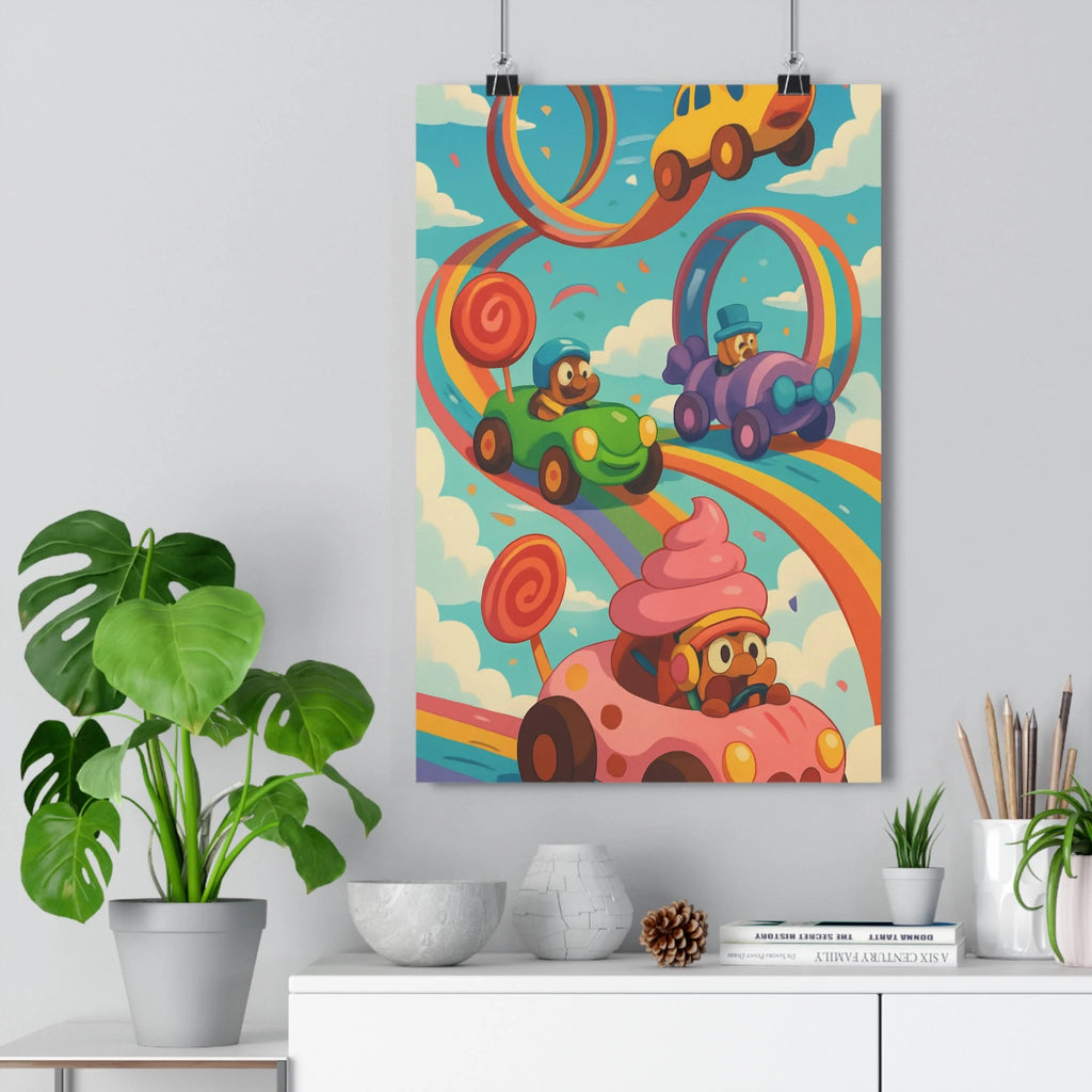 Poster décoratif coloré joyeux voitures arcenciel enfants chambre ludique bleu rose vert jaune qualité