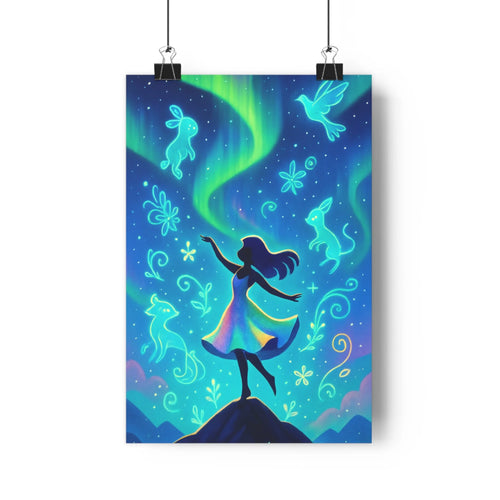 Poster féerique danse aurore boréale oiseaux lapins fleurs stylisées contours nets bleu vert rose paisible rêve nuit chambre salon