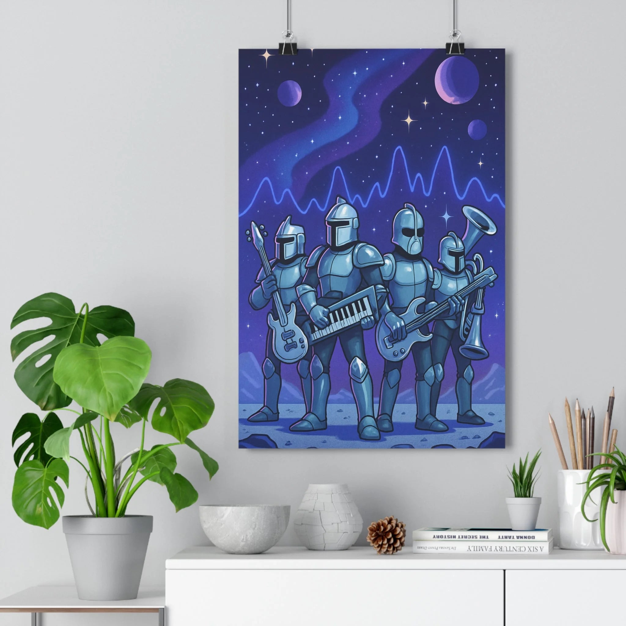Poster décoratif chevaliers bleu violet cartoon futuriste épique musique chambre cosmique moderne unique ambiance