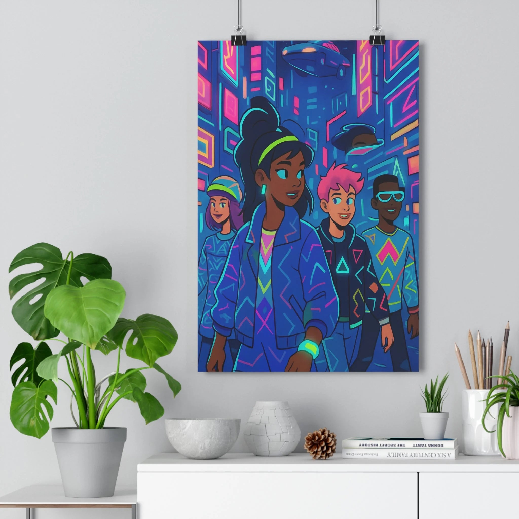 Poster décoratif futuriste néon rose bleu cyan cyberpunk chambre adolescent moderne lumineux ambiance énergique