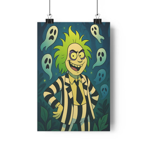Poster mystérieux fantômes forêt verte bleue contours nets ombres douces ambiance légèrement humoristique style cartoon cheveux verts veste rayée chambre