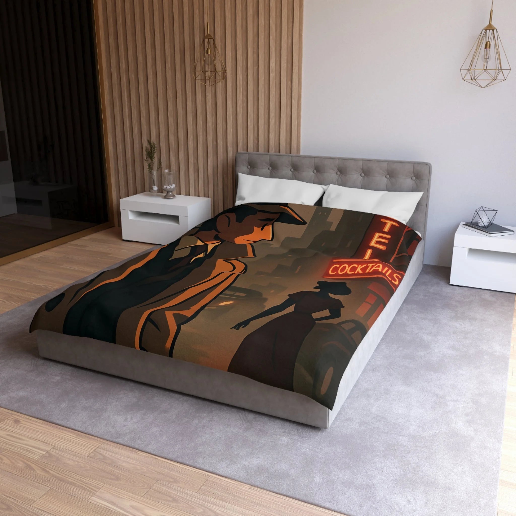 Housse de Couette Noir et Rouge, Design Rétro Vintage, Atmosphère de Film Noir