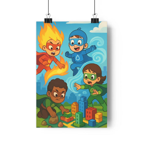 Poster personnages pouvoirs feu eau vitesse sol terrain blocs construction ciel nuages cartoon vibrant coloré joyeux dynamique chambre enfants