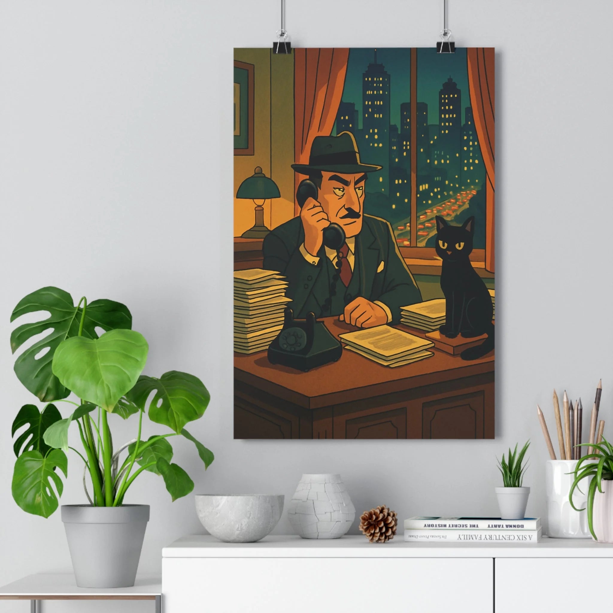 Poster décoratif rétro gris bleu ambiance mystérieuse bureau homme chat ville nuit captivant qualité