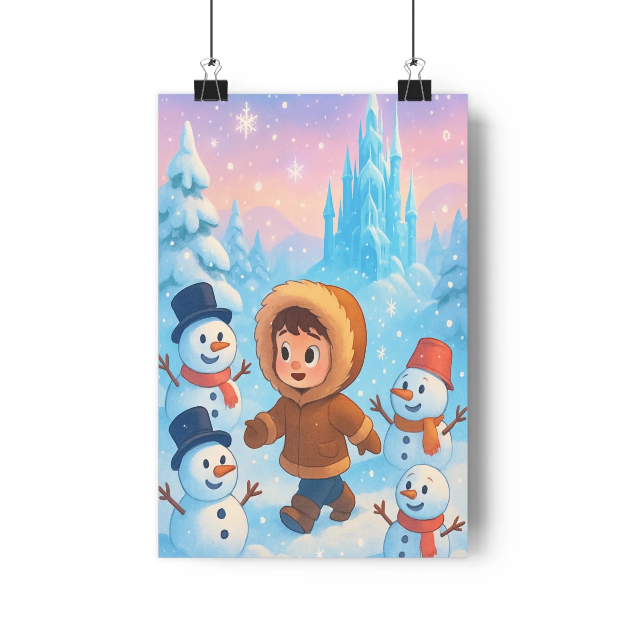 Poster décoratif hiver pastel rose bleu enfant chambre onirique joyeux paysage format 30x46 ambiance